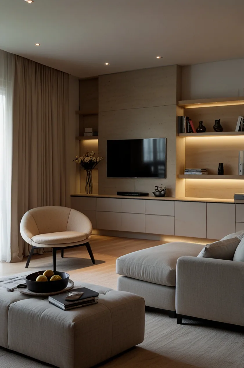 Renovated 1970s interior at dusk